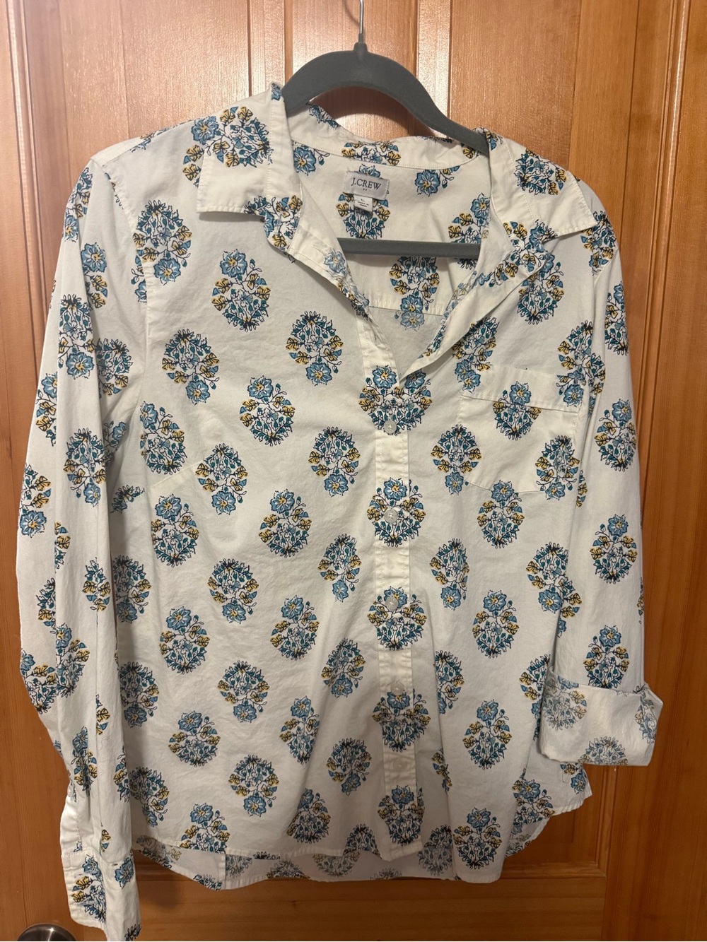 J. Crew White Button-Up Shirt with Blue and Gold Floral Motif